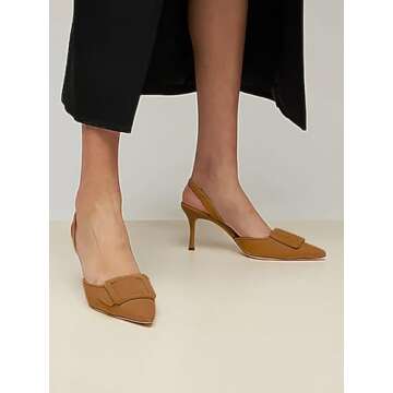 Coutgo Womens Slingback Heels Kitten Heel Pumps Dress Shoes Sling Back Closed Pointed Toe Suede Wedding Party Sandals Khaki