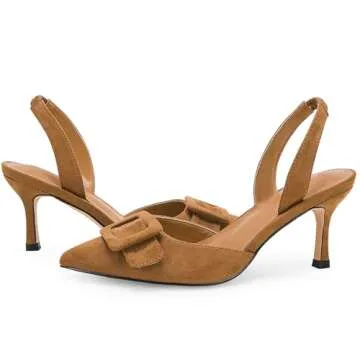 Coutgo Womens Slingback Heels Kitten Heel Pumps Dress Shoes Sling Back Closed Pointed Toe Suede Wedding Party Sandals Khaki