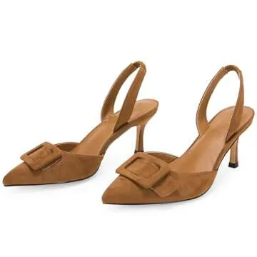 Coutgo Womens Slingback Heels Kitten Heel Pumps Dress Shoes Sling Back Closed Pointed Toe Suede Wedding Party Sandals Khaki