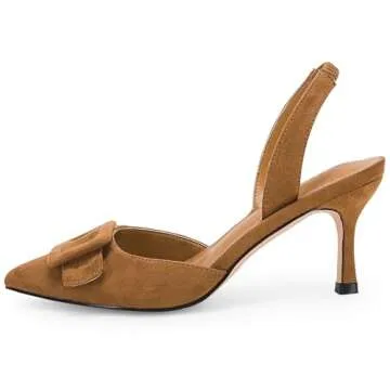 Coutgo Womens Slingback Heels Kitten Heel Pumps Dress Shoes Sling Back Closed Pointed Toe Suede Wedding Party Sandals Khaki