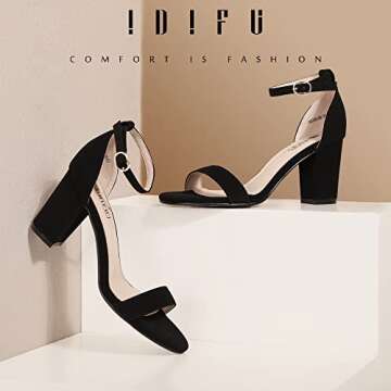 IDIFU Black Heels for Women Cookie-MI Block Heels 3 Inch Sandals Chunky Open Toe Heel Wedding Homecoming Dress Shoes for Women Brides Ladies(Black Nubuck, 8.5 B(M) US)