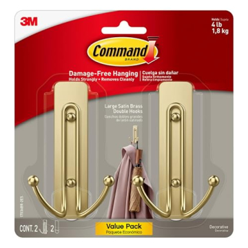 Command Large Satin Brass Double Hooks, 2 Hooks and 2 Command Strips, Damage Free Hanging Wall Hooks...