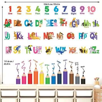 DECOWALL SG3-2316 Alphabet Numbers and Colouring Pencils Wall Stickers Decals Classroom Kids playroom Art Play Room Rainbow ABC Decorations Toddler Color Child Preschool Living Baby Girl Baby boy