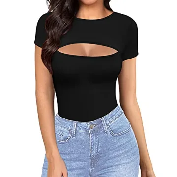 MANGOPOP Cutout Front T Shirt Bodysuit for Women