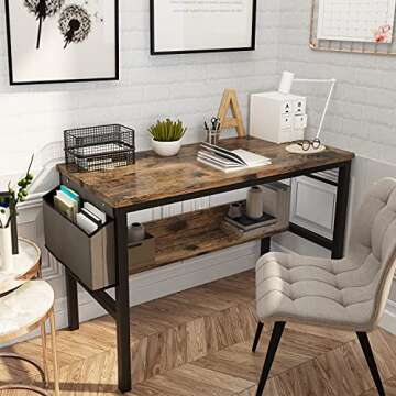 AWQM Modern Home Office Desk, Industrial Computer Desk with Side Bag, Storage Shelves and Iron Hook, Work Table, Study Writing Table, Gaming Desk, Workstation for Small Spaces, Rustic Brown