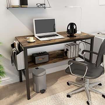AWQM Modern Home Office Desk, Industrial Computer Desk with Side Bag, Storage Shelves and Iron Hook, Work Table, Study Writing Table, Gaming Desk, Workstation for Small Spaces, Rustic Brown