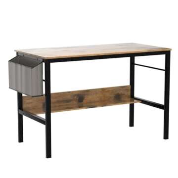 AWQM Modern Home Office Desk, Industrial Computer Desk with Side Bag, Storage Shelves and Iron Hook, Work Table, Study Writing Table, Gaming Desk, Workstation for Small Spaces, Rustic Brown