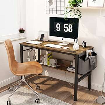 AWQM Modern Home Office Desk, Industrial Computer Desk with Side Bag, Storage Shelves and Iron Hook, Work Table, Study Writing Table, Gaming Desk, Workstation for Small Spaces, Rustic Brown