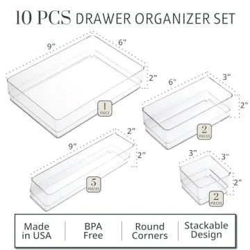 Stackable Clear Drawer Organizer Set | Multi-size Trays | Made in USA