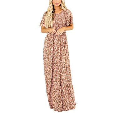 Floral Maxi Dress Flutter Sleeves Smocked Waist Rust