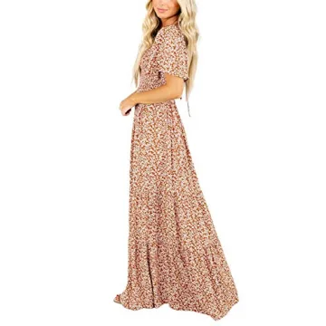 Floral Maxi Dress Flutter Sleeves Smocked Waist Rust