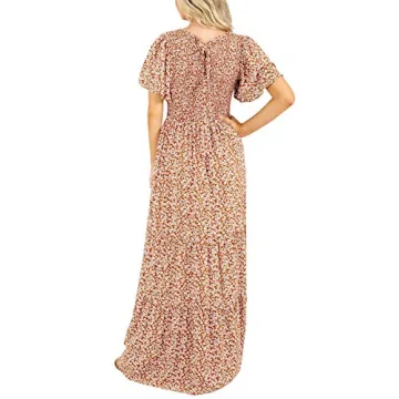 Floral Maxi Dress Flutter Sleeves Smocked Waist Rust
