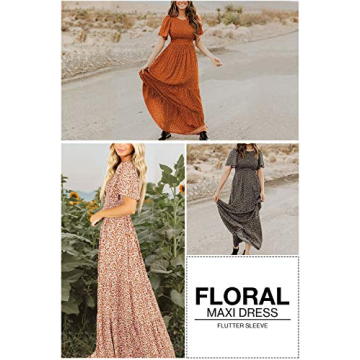Floral Maxi Dress Flutter Sleeves Smocked Waist Rust