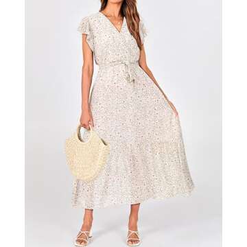 BTFBM Women Summer Bohemian Floral Casual Wrap V Neck Ruffle Cap Sleeveless Belt A-Line Pleated Hem Swing Midi Sun Dress (Floral Apricot, Large)