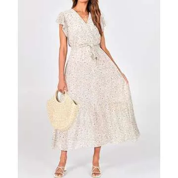 BTFBM Women Summer Bohemian Floral Casual Wrap V Neck Ruffle Cap Sleeveless Belt A-Line Pleated Hem Swing Midi Sun Dress (Floral Apricot, Large)