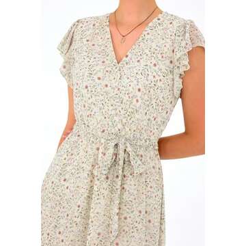 BTFBM Women Summer Bohemian Floral Casual Wrap V Neck Ruffle Cap Sleeveless Belt A-Line Pleated Hem Swing Midi Sun Dress (Floral Apricot, Large)