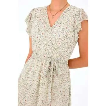 BTFBM Women Summer Bohemian Floral Casual Wrap V Neck Ruffle Cap Sleeveless Belt A-Line Pleated Hem Swing Midi Sun Dress (Floral Apricot, Large)