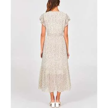 BTFBM Women Summer Bohemian Floral Casual Wrap V Neck Ruffle Cap Sleeveless Belt A-Line Pleated Hem Swing Midi Sun Dress (Floral Apricot, Large)