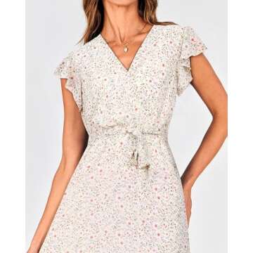 BTFBM Women Summer Bohemian Floral Casual Wrap V Neck Ruffle Cap Sleeveless Belt A-Line Pleated Hem Swing Midi Sun Dress (Floral Apricot, Large)