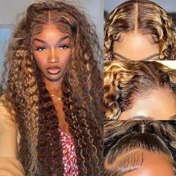 USUCHBEAUTY Highlights 28 Inch 13x4 Water Wave Lace Frontal Human Hair Wigs 4/27 Ombre Lace Front Wigs for Black Women 180% Density Honey Blonde Human Hair Wig Virgin Remy Hair