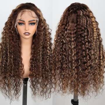 USUCHBEAUTY Highlights 28 Inch 13x4 Water Wave Lace Frontal Human Hair Wigs 4/27 Ombre Lace Front Wigs for Black Women 180% Density Honey Blonde Human Hair Wig Virgin Remy Hair