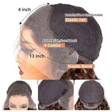 USUCHBEAUTY Highlights 28 Inch 13x4 Water Wave Lace Frontal Human Hair Wigs 4/27 Ombre Lace Front Wigs for Black Women 180% Density Honey Blonde Human Hair Wig Virgin Remy Hair