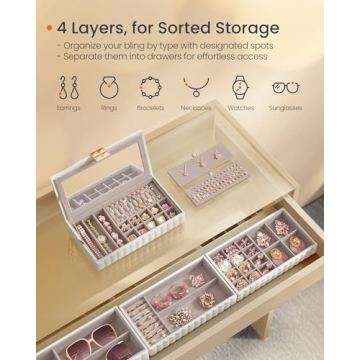 SONGMICS HOME Jewelry Box with Mirror, Stackable 4-Tier
