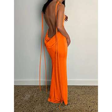 LILLUSORY Women’s Sexy Party Club Birthday Backless Open Back Long Velvet Dresses Summer Spaghetti Strap 2023 Sleeveless Bodycon Cocktail Date Night Formal Maxi Dress Orange