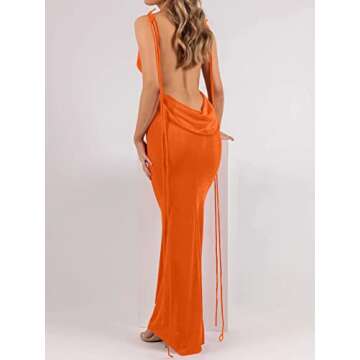 LILLUSORY Women’s Sexy Party Club Birthday Backless Open Back Long Velvet Dresses Summer Spaghetti Strap 2023 Sleeveless Bodycon Cocktail Date Night Formal Maxi Dress Orange