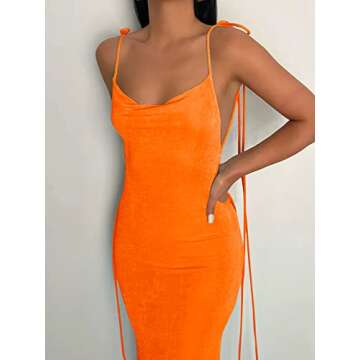 LILLUSORY Women’s Sexy Party Club Birthday Backless Open Back Long Velvet Dresses Summer Spaghetti Strap 2023 Sleeveless Bodycon Cocktail Date Night Formal Maxi Dress Orange