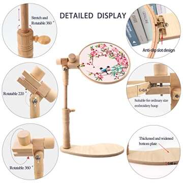 ZOCONE Beech Wood Adjustable Rotated Embroidery Hoop Stand with 2 Pcs 6'' 8'' Embroidery Hoops, Wood...