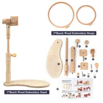 ZOCONE Beech Wood Adjustable Rotated Embroidery Hoop Stand with 2 Pcs 6'' 8'' Embroidery Hoops, Wooden Embroidery Stand, Embroidery Hoop Holder for Cross Stitch and Embroidery Project (A)