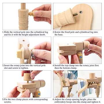 ZOCONE Beech Wood Adjustable Rotated Embroidery Hoop Stand with 2 Pcs 6'' 8'' Embroidery Hoops, Wooden Embroidery Stand, Embroidery Hoop Holder for Cross Stitch and Embroidery Project (A)