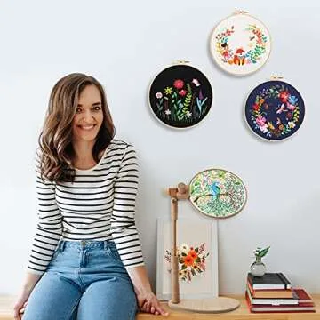 ZOCONE Beech Wood Adjustable Rotated Embroidery Hoop Stand with 2 Pcs 6'' 8'' Embroidery Hoops, Wooden Embroidery Stand, Embroidery Hoop Holder for Cross Stitch and Embroidery Project (A)