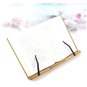 Bamboo Book Holder, Aggice Adjustable Book Holder with Tray and Page Paper Clips, Protable Bookstand Hands Free Book Stand (Bamboo)