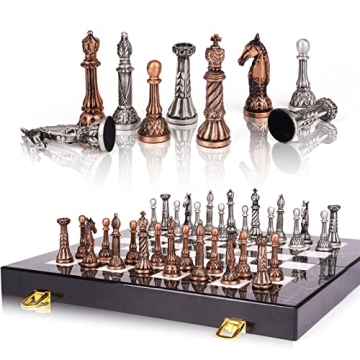 Retro Metal Chess Set for Adults and Kids – Marbling Chess Board with Chess Pieces – Travel Ches...