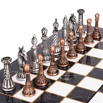 Retro Metal Chess Set for Adults and Kids – Marbling Chess Board with Chess Pieces – Travel Chess Set with Metal Pieces – Folding Chessboard – Ideal for Beginners and Professional Players