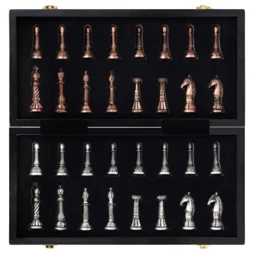 Retro Metal Chess Set for Adults and Kids – Marbling Chess Board with Chess Pieces – Travel Chess Set with Metal Pieces – Folding Chessboard – Ideal for Beginners and Professional Players