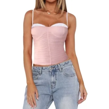 Women's Spaghetti Strap Tank Top Sexy Camisole Lace Trim Backless Cami Bustier Shirt Y2K Summer Goin...