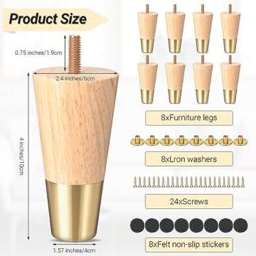 8 Pieces Wood Furniture Legs 4 Inch Sofa Wood Legs Wooden Couch Legs Round Solid Dresser Feet with G...