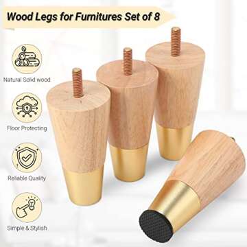 8 Pieces Wood Furniture Legs 4 Inch Sofa Wood Legs Wooden Couch Legs Round Solid Dresser Feet with Gold Caps Couch Feet Replacement with Installation Hardware for Home Table Cabinet Chair Ottoman