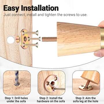 8 Pieces Wood Furniture Legs 4 Inch Sofa Wood Legs Wooden Couch Legs Round Solid Dresser Feet with Gold Caps Couch Feet Replacement with Installation Hardware for Home Table Cabinet Chair Ottoman