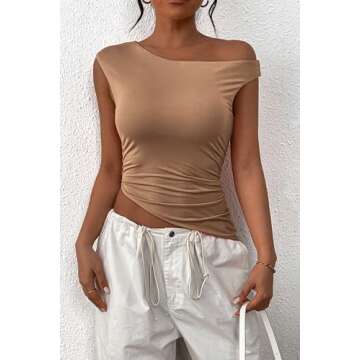 PRETTYGARDEN Womens 2025 Summer Off The Shoulder Crop Tops Sleeveless One Shoulder Ruched Asymmetrical Y2K Going Out Tank Top (Khaki,Large)