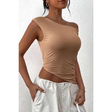PRETTYGARDEN Womens 2025 Summer Off The Shoulder Crop Tops Sleeveless One Shoulder Ruched Asymmetrical Y2K Going Out Tank Top (Khaki,Large)