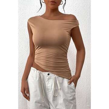PRETTYGARDEN Womens 2025 Summer Off The Shoulder Crop Tops Sleeveless One Shoulder Ruched Asymmetrical Y2K Going Out Tank Top (Khaki,Large)