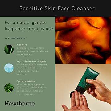 Hawthorne Natural Gentle Face Wash Cleanser for Men. Lightly Foaming Moisturizing Formula to Remove Dirt Without Over Drying. Aloe Vera and Soothing Tiger Grass. For Dry, Sensitive Skin. 4oz.