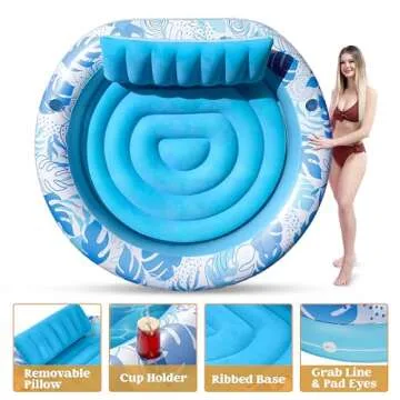 Sloosh Inflatable Tanning Pool Lounger Float,72" x 65" Pool Floats Adult with Pillow,Luxury Fabric Large Suntan Tub Raft Floatie,Sunbathing Bed Lounge for Water Blow Up Kids Ball Pit Party Gifts,Blue