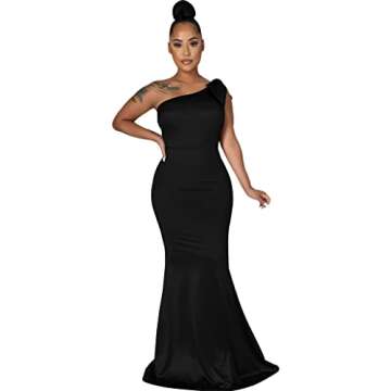 JTNFairy Women's Sexy Ruffle Sleeveless One Shoulder Bodycon Dresses Classy Pencil Curvy Party Evening Long Formal Black Dress