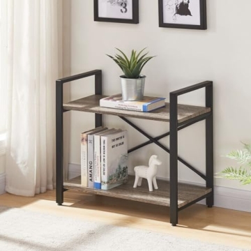 BON AUGURE Small Bookshelf for Small Space, 2 Tier Shelf Floor Bookcase for Storage, Industrial Shor...