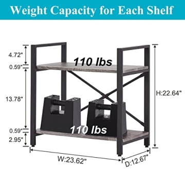 BON AUGURE Small Bookshelf for Small Space, 2 Tier Shelf Floor Bookcase for Storage, Industrial Short Low Wood Metal Book Shelves for Bedroom, Office, Living Room, Classroom(Dark Gray Oak)